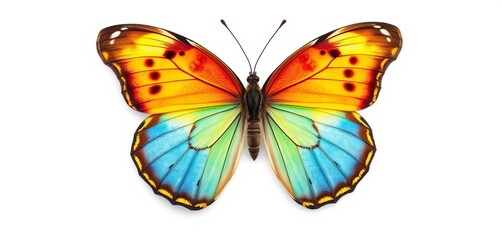 A vibrant butterfly with intricate wing patterns, isolated against a pure white backdrop,  white background,  texture