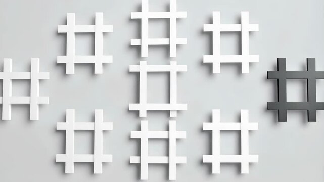 Hashtag grid concept showing a group of white symbols and a single black symbol illustrating distinctiveness on grey background.