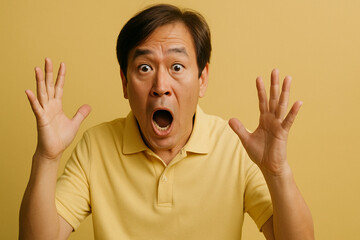 Surprised senior man in yellow shirt with wide eyes and open mouth reacting to shocking news