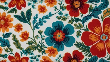 Colorful floral pattern with red, teal, and orange flowers on white background