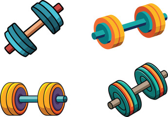Four vibrantly colored cartoon dumbbells for fitness and exercise illustrations or designs