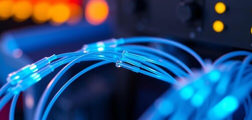Close-up of fiber optic cables transmitting data,  high speed internet,  information