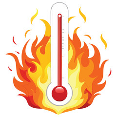 Thermometer displaying high temperature amidst flames, indicating heat and danger.