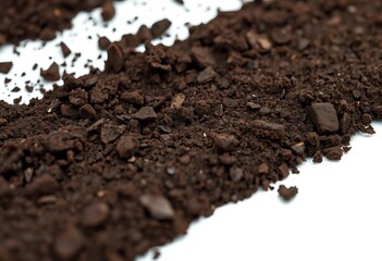 Close-up of rich, dark soil isolated on pure white, sample, element