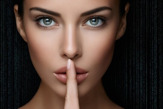 Beautiful woman showing silence sign with matrix background representing data privacy
