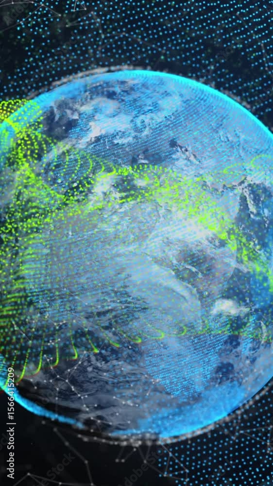 Poster animation of dynamic waves over connected dots around globe against abstract background