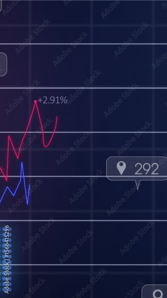 Poster animation of notification bars and graphs with changing numbers over black background