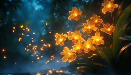 magical night garden with glowing Oncidium orchids