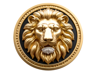 Majestic golden lion head emblem with intricate details and a regal aura, symbolizing strength and nobility.