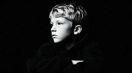 Young boy with light hair looking pensively in black and white portrait.