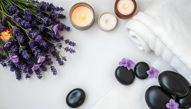 Lavender Spa Flat Lay with Stones and Towels - Powered by Adobe