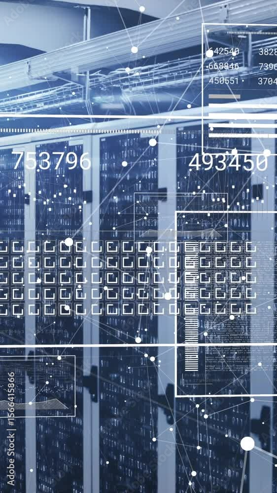 Poster animation of graphs, loading bars, squares, connected dots over binary codes on data server racks