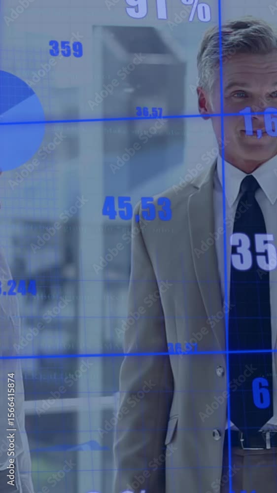 Poster animation of multiple graphs with changing numbers, caucasian coworkers discussing in office