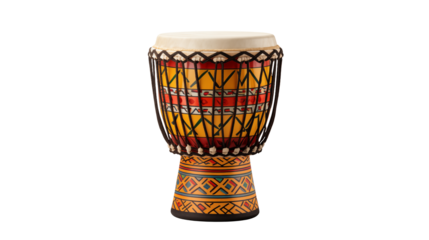 Handcrafted African djembe drum with vibrant colorful patterns and a goatskin head stands against  isolated on transparent background