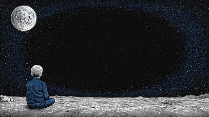Person sits looking at the moon in a dark starry night sky.