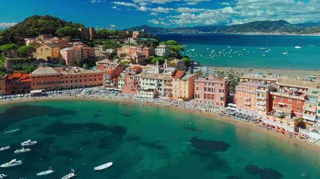 Aerial view of the picturesque resort town of Sestri Levante in Liguria, Italy