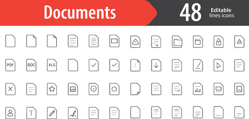 Documents Line Icons, File, PDF, Text Page, Clipboard, File Folder, Editable Formats: AI, EPS, PNG, JPG, Ideal for Both Digital and Print Use
