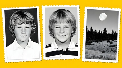Three framed photographs: two portraits of a boy and a landscape.