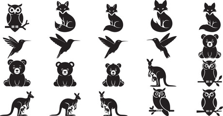 Owl fox bear hummingbird kangaroo silhouettes vector © Bhismodeb