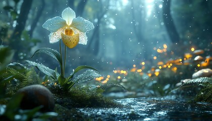 Paphiopedilum orchid in fantasy forest setting