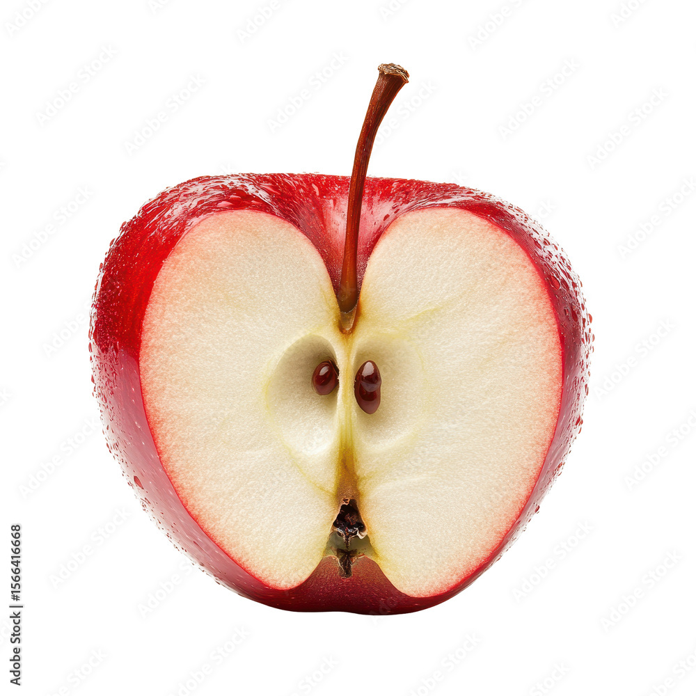 Poster detailed view of a juicy red apple cut in half displaying its smooth texture and seeds on a clean wh