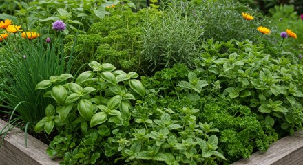 Lush Green Herb Garden with Vibrant Flowers