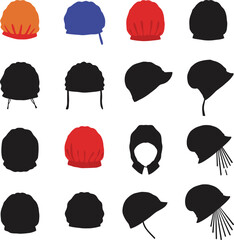 Bathroom Shower Cap Silhouette Vector Icon Set, Hair Protection Headwear for Personal Hygiene, Diverse Designs for Beauty and Hotel Amenities Concepts.