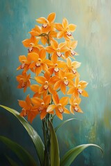 Vibrant orange orchid blossoms in full bloom,  a stunning floral display against a muted background.