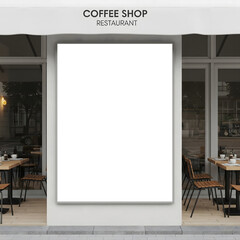 Empty billboard advertisement in front of a coffee shop restaurant, showcasing a blank space for potential marketing.