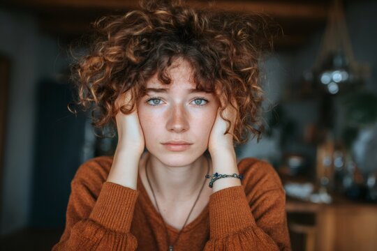 Young woman suffering from headache touching temples feeling unwell at home