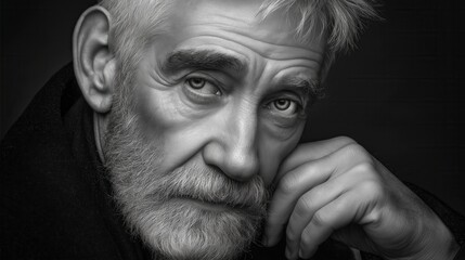 Powerful black and white portrait of senior man with an intense thoughtful expression
