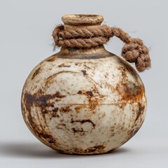 Antique spherical clay pot with textured surface and rope tie on neutral background