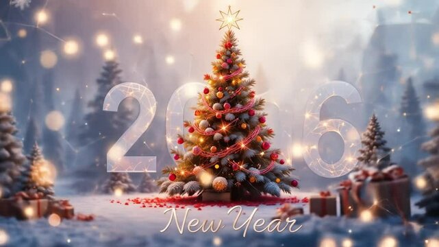 2026 Happy New Year with Christmas in Abstract low poly wire frame style. geometric background Celebrate the party 2026. 4k video