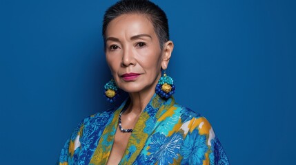 Confident senior Asian woman's elegant portrait with vibrant patterned robe and bold earrings
