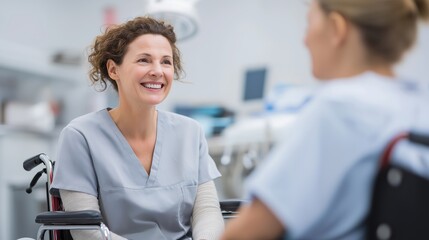 Smiling female patient in wheelchair having positive conversation at medical clinic