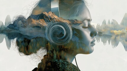 Woman with headphones immersed in nature's soundscape and serene alpine landscape