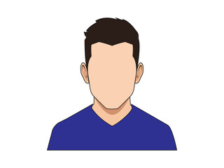 Faceless male avatar with dark hair wearing blue shirt on white background.
