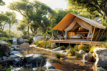 Sustainable Glamping Camp with Luxury Safari Tents Overlooking Watering Hole with Photogenic Wildlife