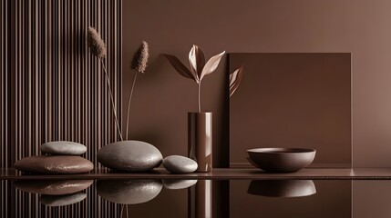Monochromatic Brown Still Life with Stones, Vase, and Dried Plants