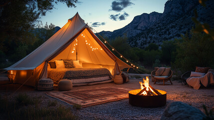 Cozy glamping setup with a glowing fire pit under the night sky at a mountain campsite during summer