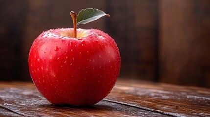 A vibrant red apple with dew-like water droplets, resting on a rustic wooden surface