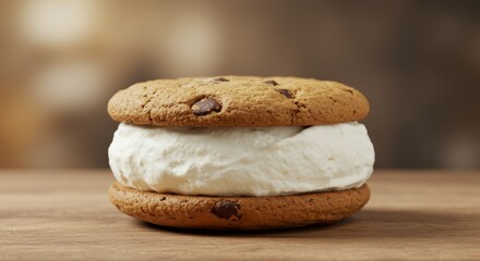 Chocolate Chip Cookie Ice Cream Sandwich on Wooden Table