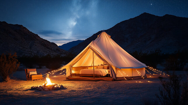 Cozy glamping tent illuminated at night with a fire pit in a serene desert landscape under a starlit sky