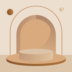Minimalist geometric podium with arched background and abstract circles in warm earth tones