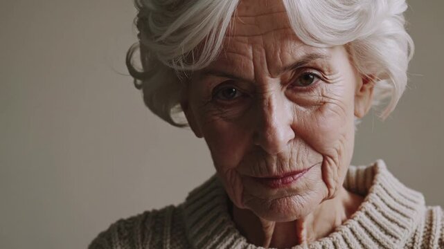 Vieille femme cheveux blancs regard malicieux