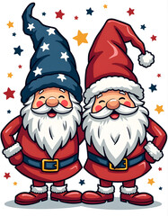 Twin Cartoon Santas in Festive Hats with Colorful Stars.