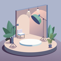 Modern minimalist photography studio setup with lighting and plants