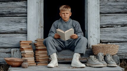 Boy sits reading a book on a porch with rustic objects around him.