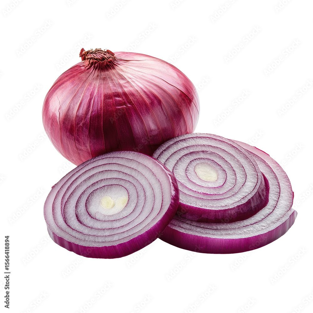Poster red onion slices on a transparent background showcasing their vibrant color and unique texture, red 