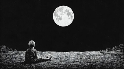 Person sits on grass looking at a bright full moon in the night.